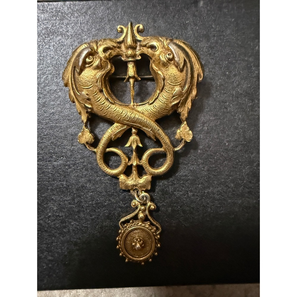 Vintage Neo-Renaissance Brooch/Pendant with 2 Dolphins and 1‎ Tassel. 75x45mm